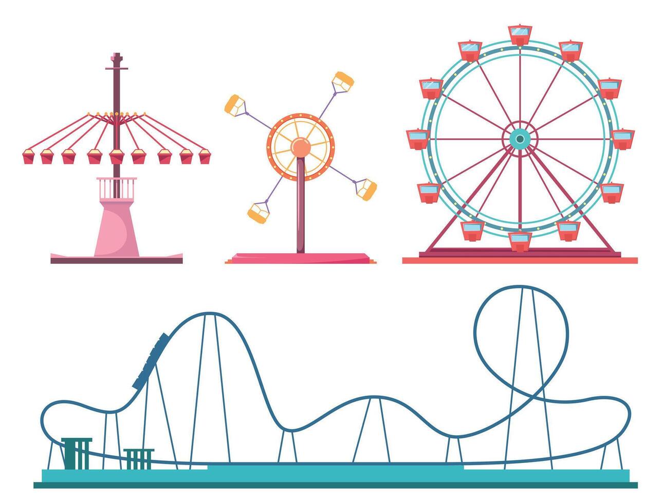 amusement park attracties verzameling. ferris wiel, rol kustvaarder en carrousel illustraties vector