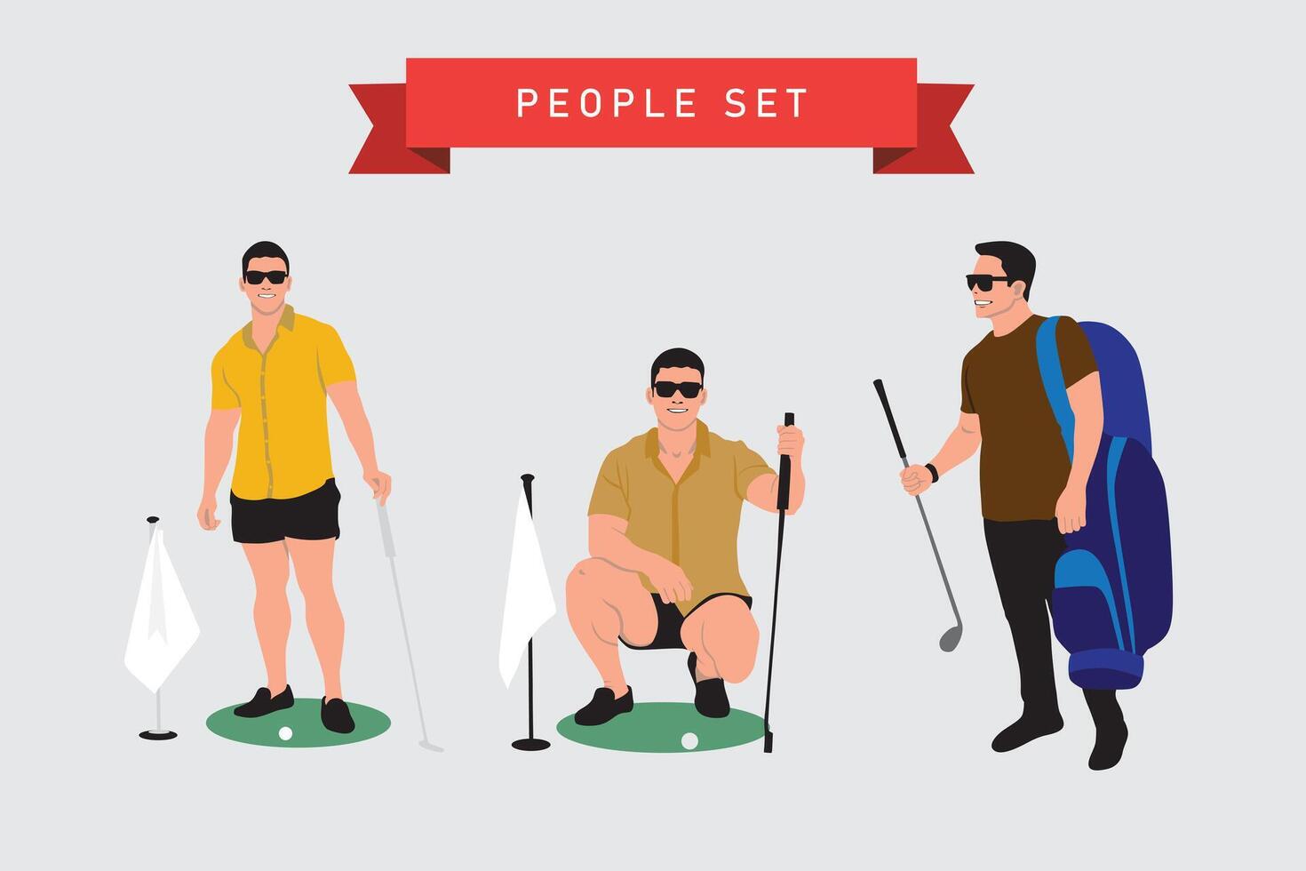 reeks van golfers met golf apparatuur. vector illustratie in vlak stijl