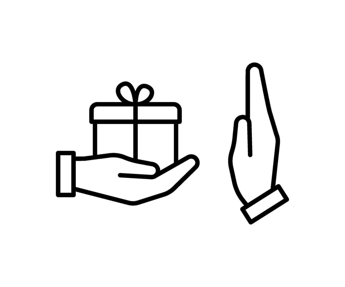 hand- geeft geschenk doos en krijgt afgekeurd, lijn icoon. hand- Holding Geschenk. fraude en omkoping. vector illustratie