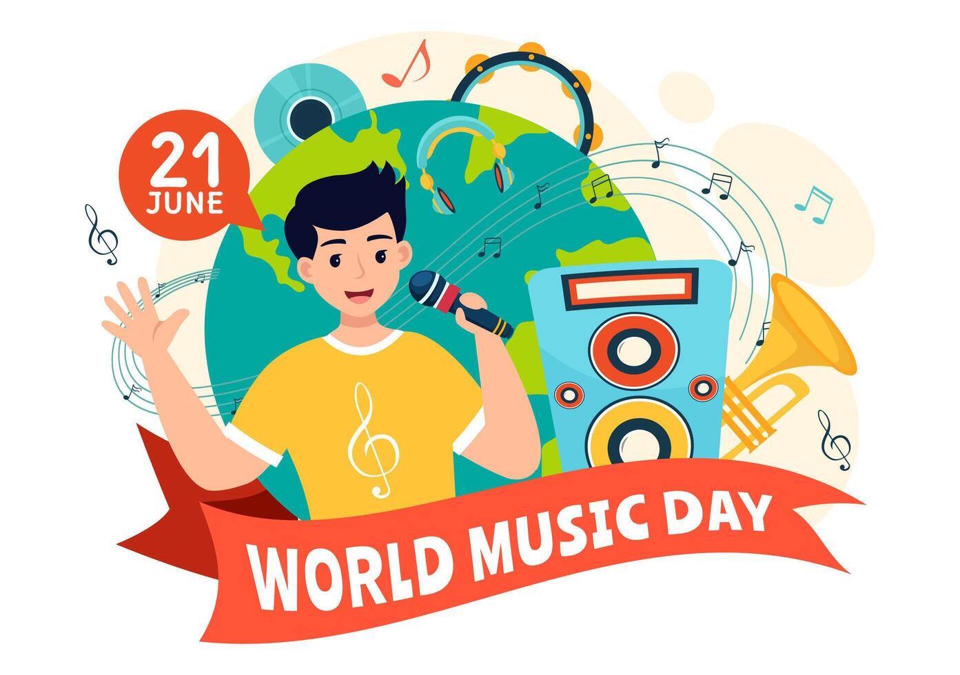 wereld muziek- dag vector illustratie Aan 21 juni met divers musical instrumenten en aantekeningen in vlak tekenfilm achtergrond ontwerp