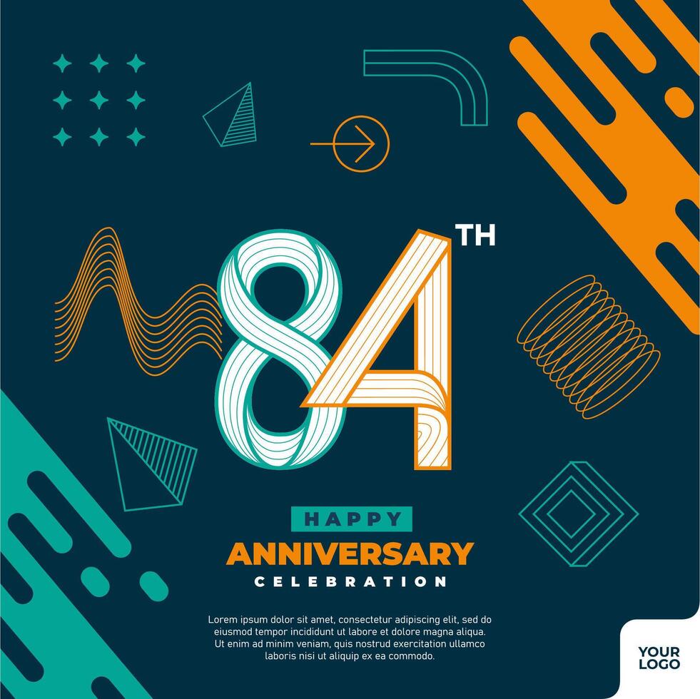 84e verjaardag viering logotype met kleurrijk abstract meetkundig vorm y2k achtergrond vector