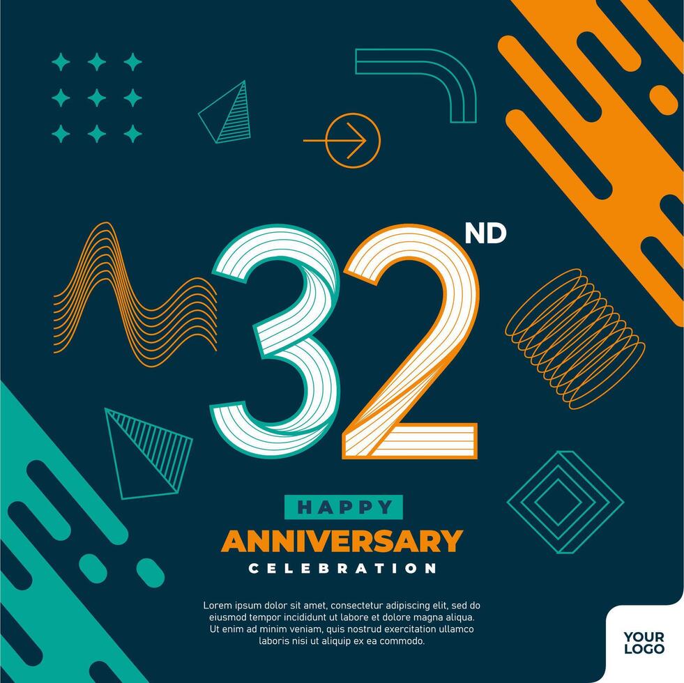 32e verjaardag viering logotype met kleurrijk abstract meetkundig vorm y2k achtergrond vector