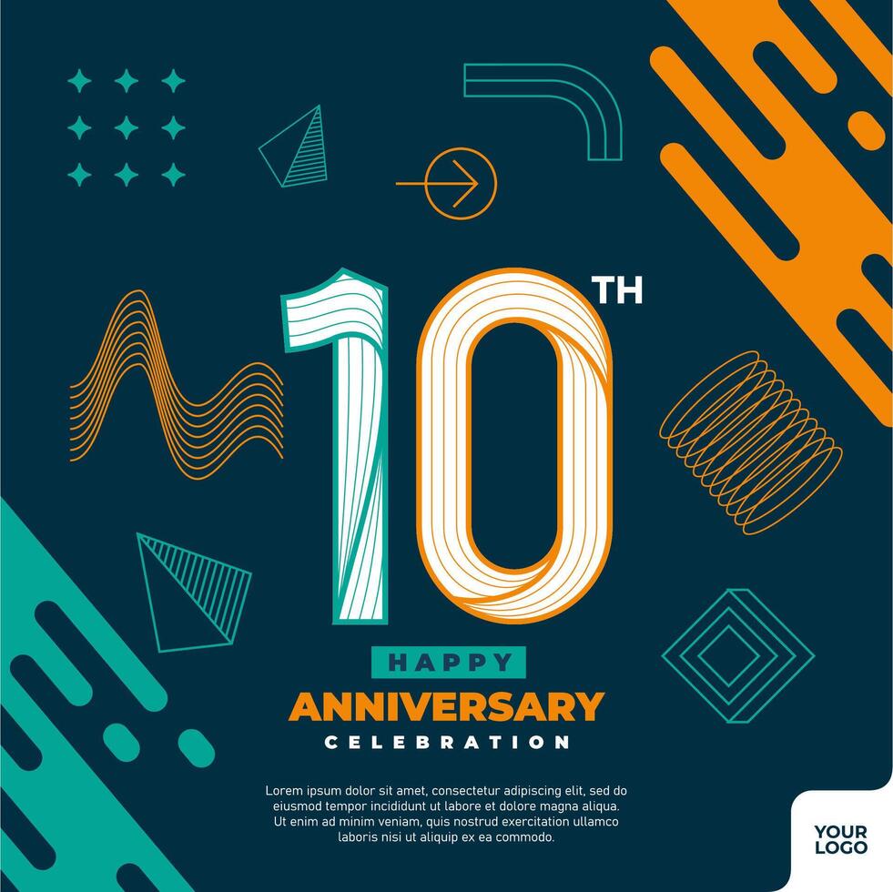 10e verjaardag viering logotype met kleurrijk abstract meetkundig vorm y2k achtergrond vector