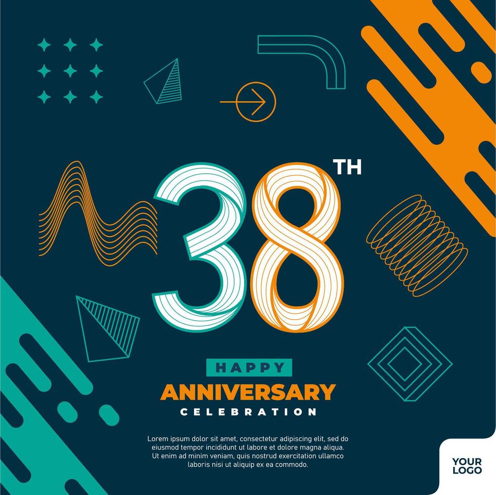 38e verjaardag viering logotype met kleurrijk abstract meetkundig vorm y2k achtergrond vector