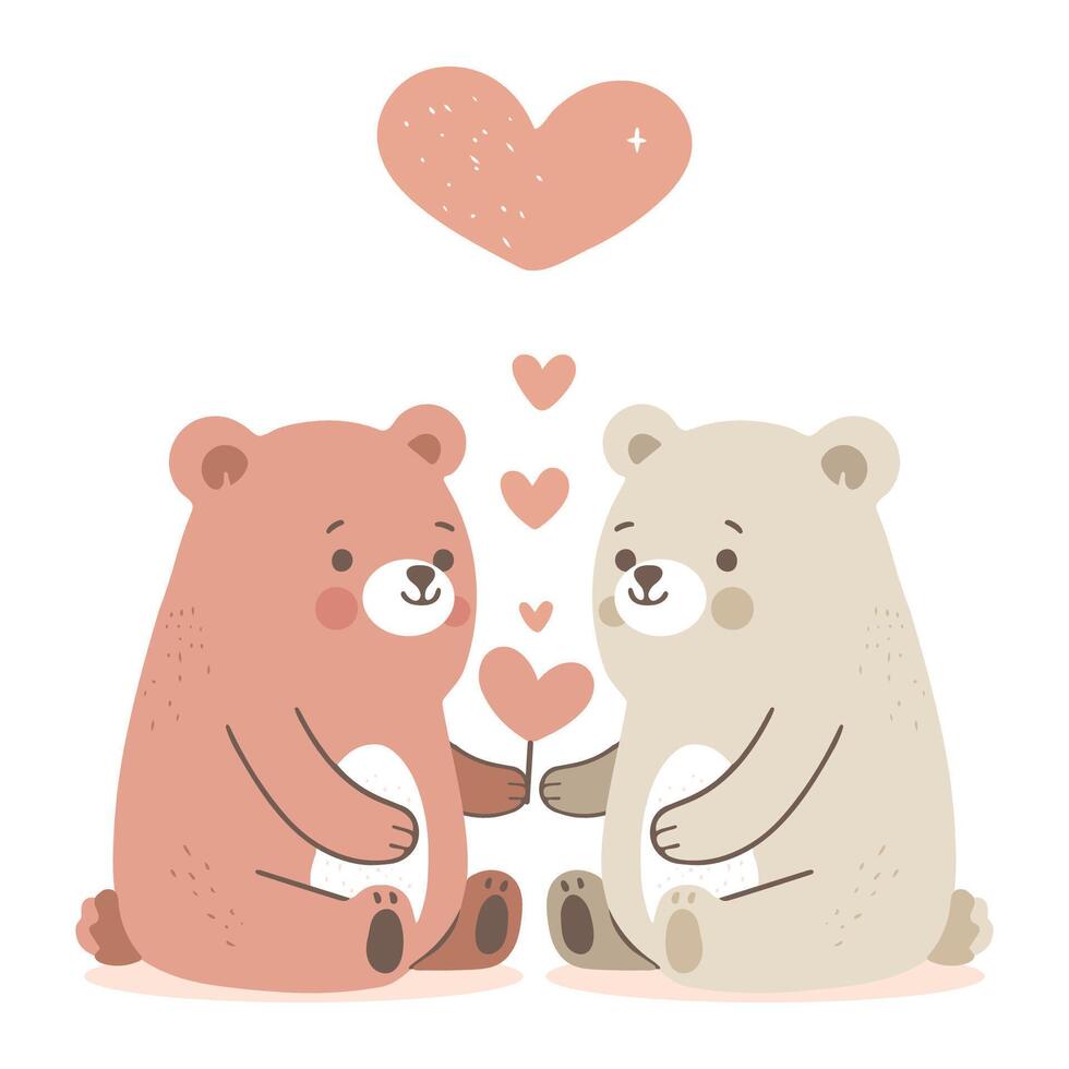 schattig aanbiddelijk tekenfilm vlak vector stijl dier karakter baby teddy beer pop paar geven geschenk rood hart vorm liefde in midden, gelukkig Valentijn dag illustratie, groet kaart vakantie verjaardag partij