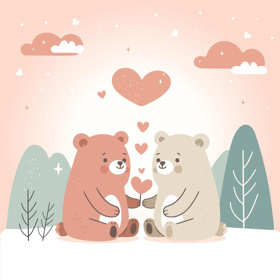 schattig aanbiddelijk tekenfilm vlak vector stijl dier karakter baby teddy beer pop paar geven geschenk rood hart vorm liefde in midden, gelukkig Valentijn dag illustratie bewolkt lucht natuurlijk berg achtergrond