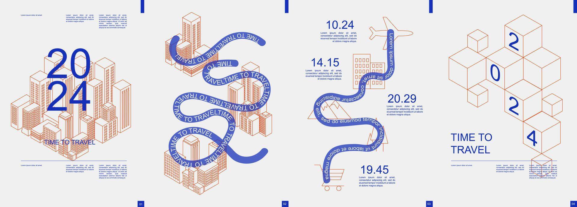 reizen modern banier met modieus minimalistische typografie ontwerp. poster Sjablonen met grafisch stad wolkenkrabbers, weg route, vlucht bestemming naar oriëntatiepunten en tekst elementen. vector illustratie.