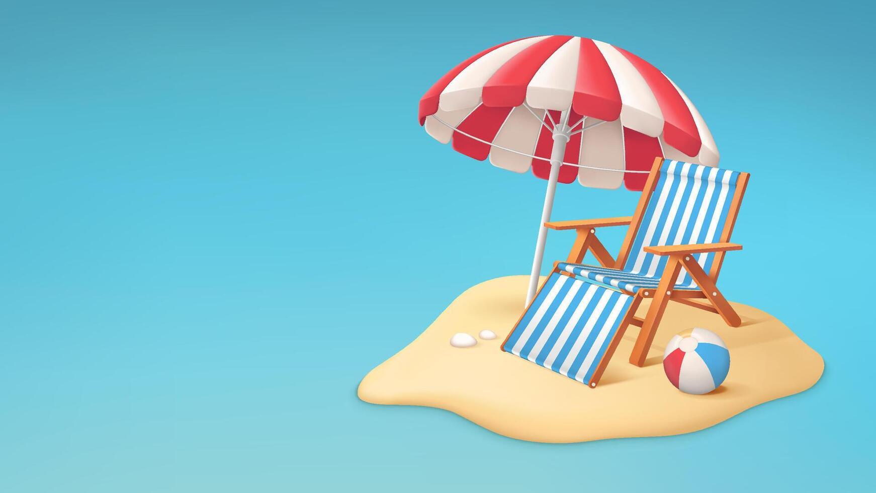 realistisch zomer vakantie of reizen concept met strand stoel, paraplu en bal. tropisch zand strand vector illustratie