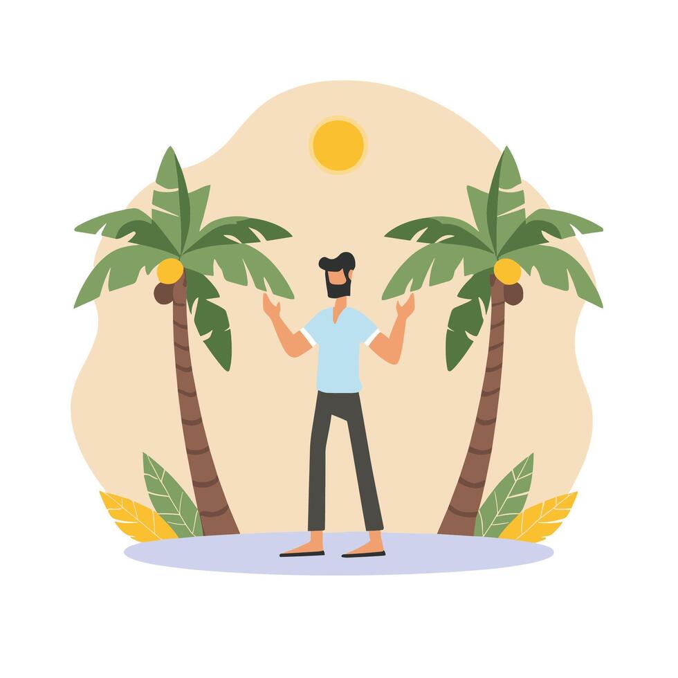 Mens staand in voorkant van palm bomen en zon vector