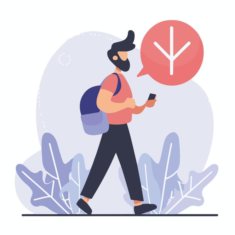 Mens met rugzak en telefoon wandelen met pijl icoon vector illustratie