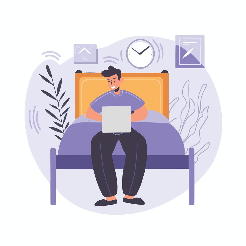 Mens werken Aan laptop in bed vlak vector illustratie