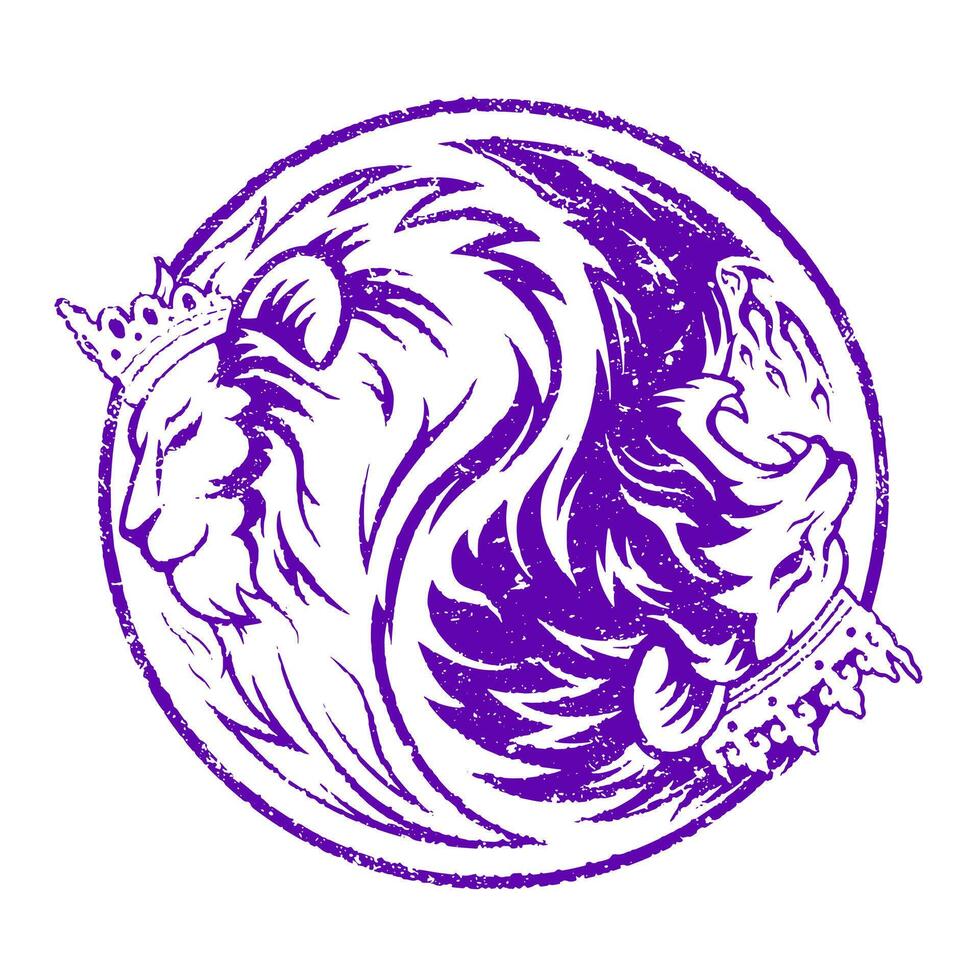 yin yang rubber postzegel Purper leeuw koning en koningin hoofd vector