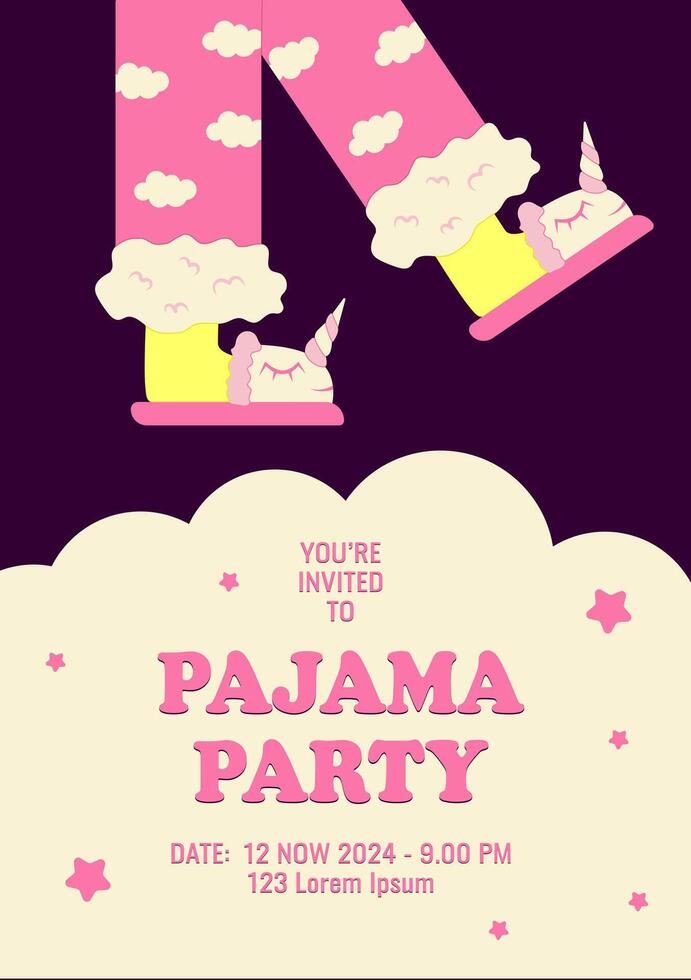 pyjama- partij poster uitnodiging. voeten in eenhoorn slippers. vector illustratie