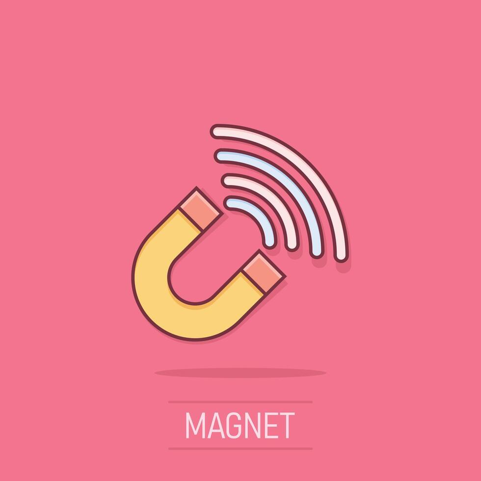 magneet icoon in grappig stijl. aantrekken tekenfilm vector illustratie Aan geïsoleerd achtergrond. elektromagnetisch plons effect bedrijf concept.