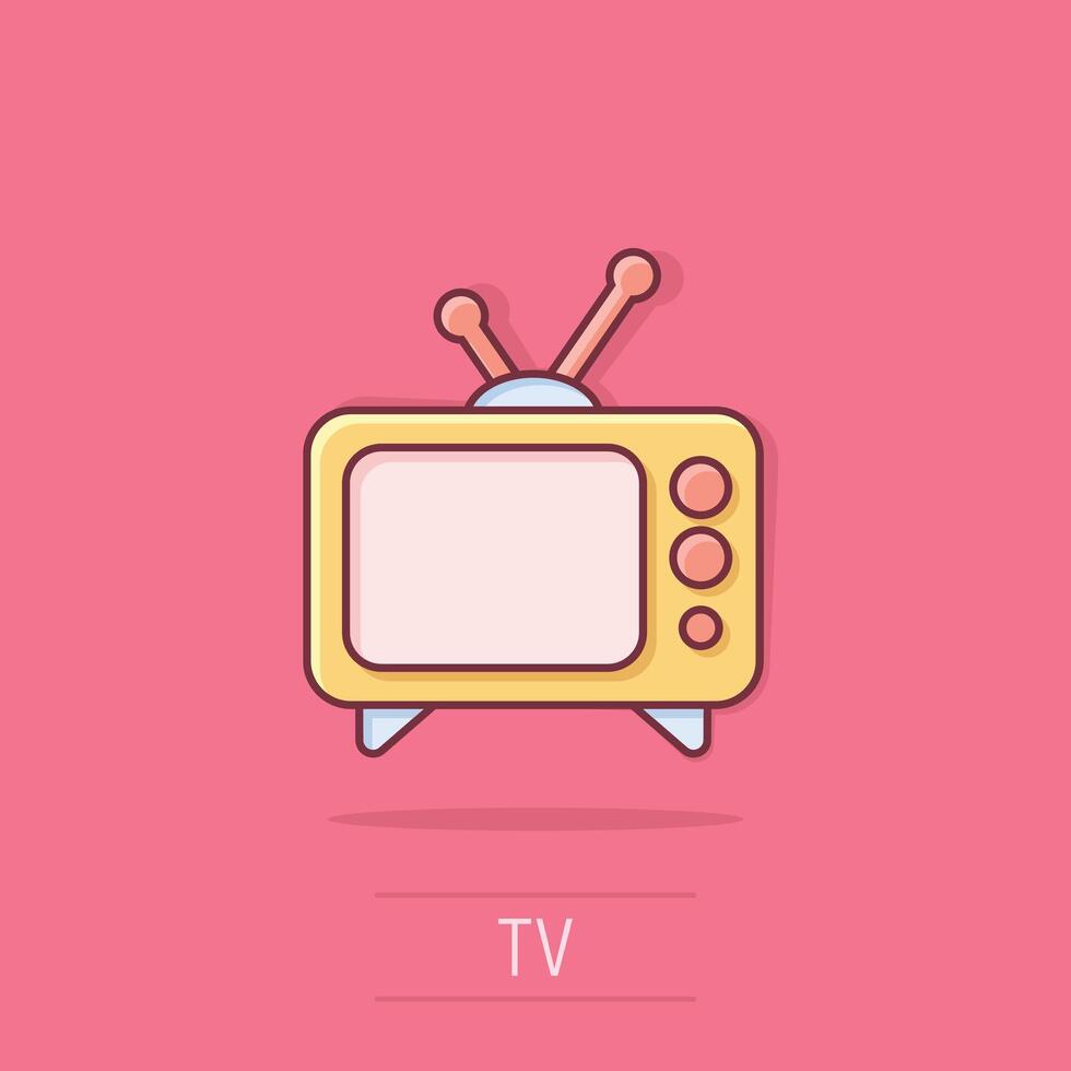 TV icoon in grappig stijl. televisie tekenfilm teken vector illustratie Aan wit geïsoleerd achtergrond. video kanaal plons effect bedrijf concept.