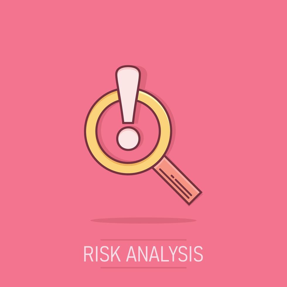 risico analyse icoon in grappig stijl. uitroep vergrootglas tekenfilm vector illustratie Aan wit geïsoleerd achtergrond. aandacht plons effect bedrijf concept.