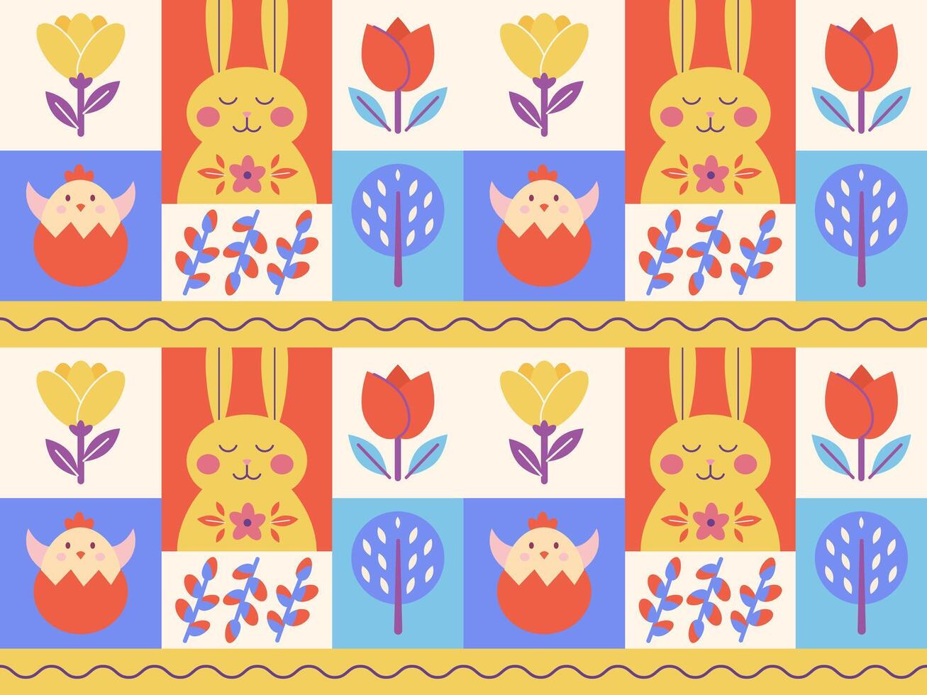 minimalistische patroon volk stijl met konijnen, kuikens en bloemen vector