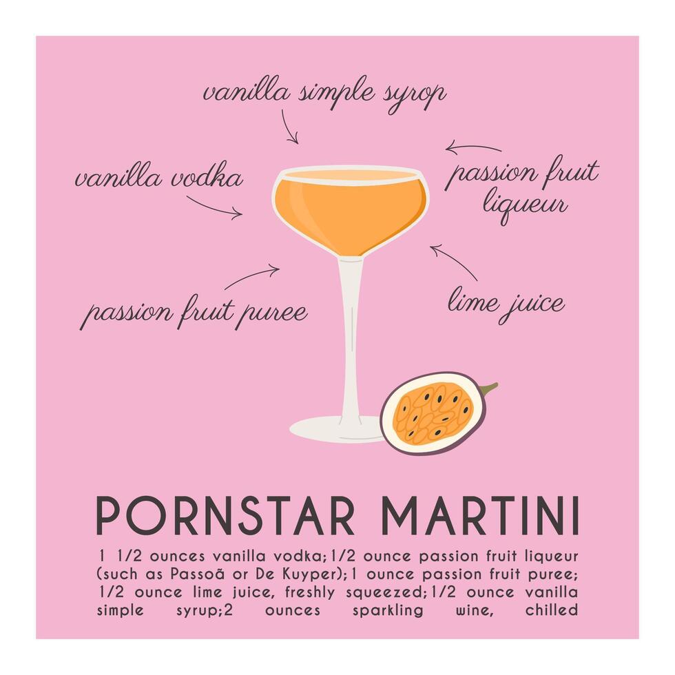 pornoster martini cocktail gegarneerd met passie fruit. klassiek alcoholisch drank recept modern plein afdrukken met ingrediënten. zomer aperitief. minimalistische modieus alcoholisch drankje. vector illustratie.