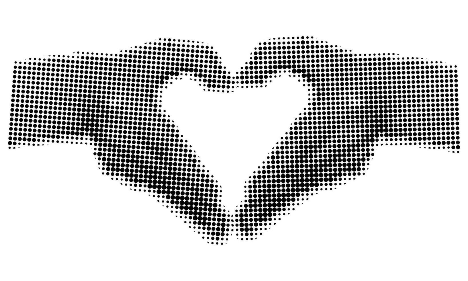 handen gevouwen in de vorm van een polka punt hart in de stijl van grunge knal kunst een Valentijnsdag dag kaart. geïsoleerd handen zijn gevouwen in een hart voor een ansichtkaart naar een geliefde een. verklaring van liefde. zwart vector