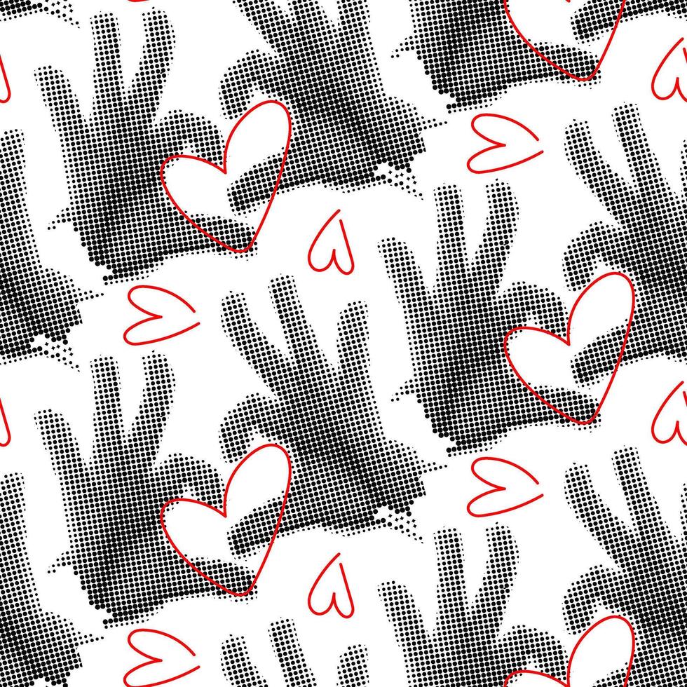 patroon van handen gevouwen in de vorm van een hart, in de stijl van grunge knal kunst voor Valentijnsdag dag. herhalen handen, hartvormig vingers voor het drukken Aan een geschenk doos voor een geliefde een. een verklaring vector