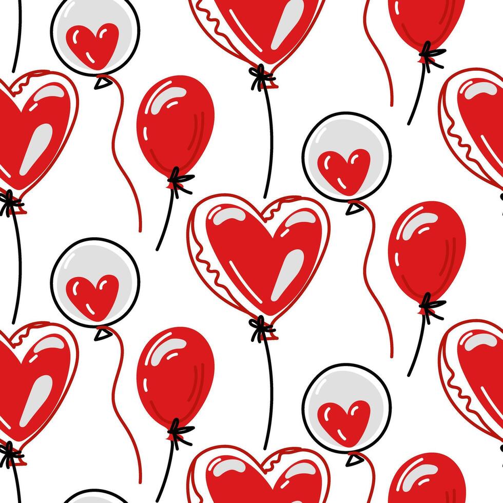 een patroon van divers ballonnen met harten. ballonnen in een naadloos vector tekening. een feestelijk medeplichtig voor Valentijnsdag dag. hand getekend tekeningen. feestelijk zwart, rood voor afdrukken, posters