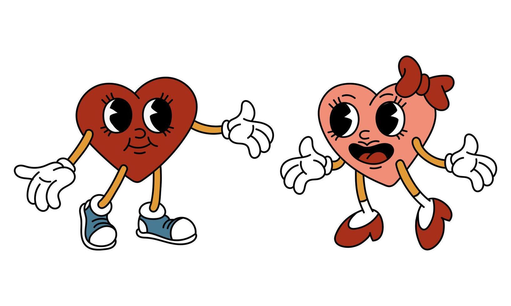 een paar- van geïsoleerd retro harten van een jongen en een meisje zijn wandelen naar elk ander. hartvormig tekens in retro tekenfilm stijl Aan wit. vector vlak illustratie. Valentijnsdag dag knuffel, vreugde