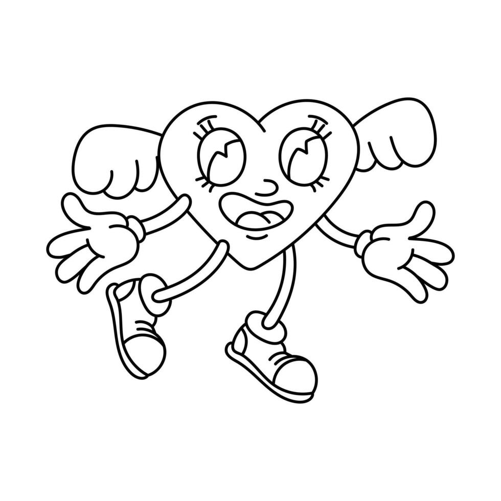 contour beeld van een retro hart met Vleugels, met een blij gezicht. een mannetje karakter in retro tekenfilm stijl in de vorm van een hart, geïsoleerd Aan een wit achtergrond. vector Valentijnsdag dag. sportschoenen, handschoenen