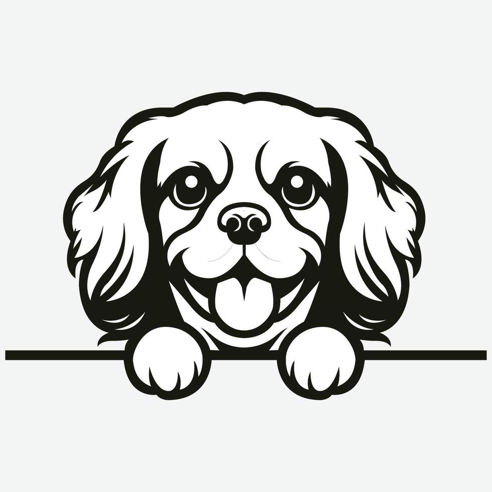 ai gegenereerd zwart en wit cavalier koning Charles spaniel hond gluren gezicht illustratie vector