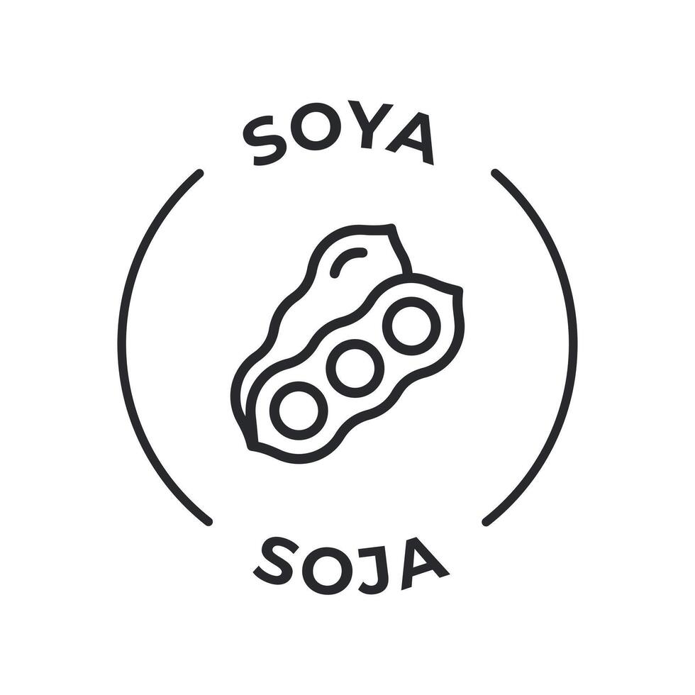 gemakkelijk geïsoleerd vector logo insigne ingrediënt waarschuwing label. allergenen pictogrammen. voedsel onverdraagzaamheid soja. geschreven in Spaans en Engels