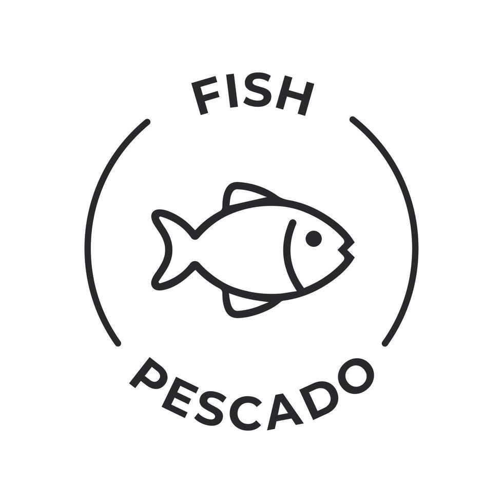 gemakkelijk geïsoleerd vector logo insigne ingrediënt waarschuwing label. allergenen pictogrammen. voedsel onverdraagzaamheid vis. geschreven in Spaans en Engels