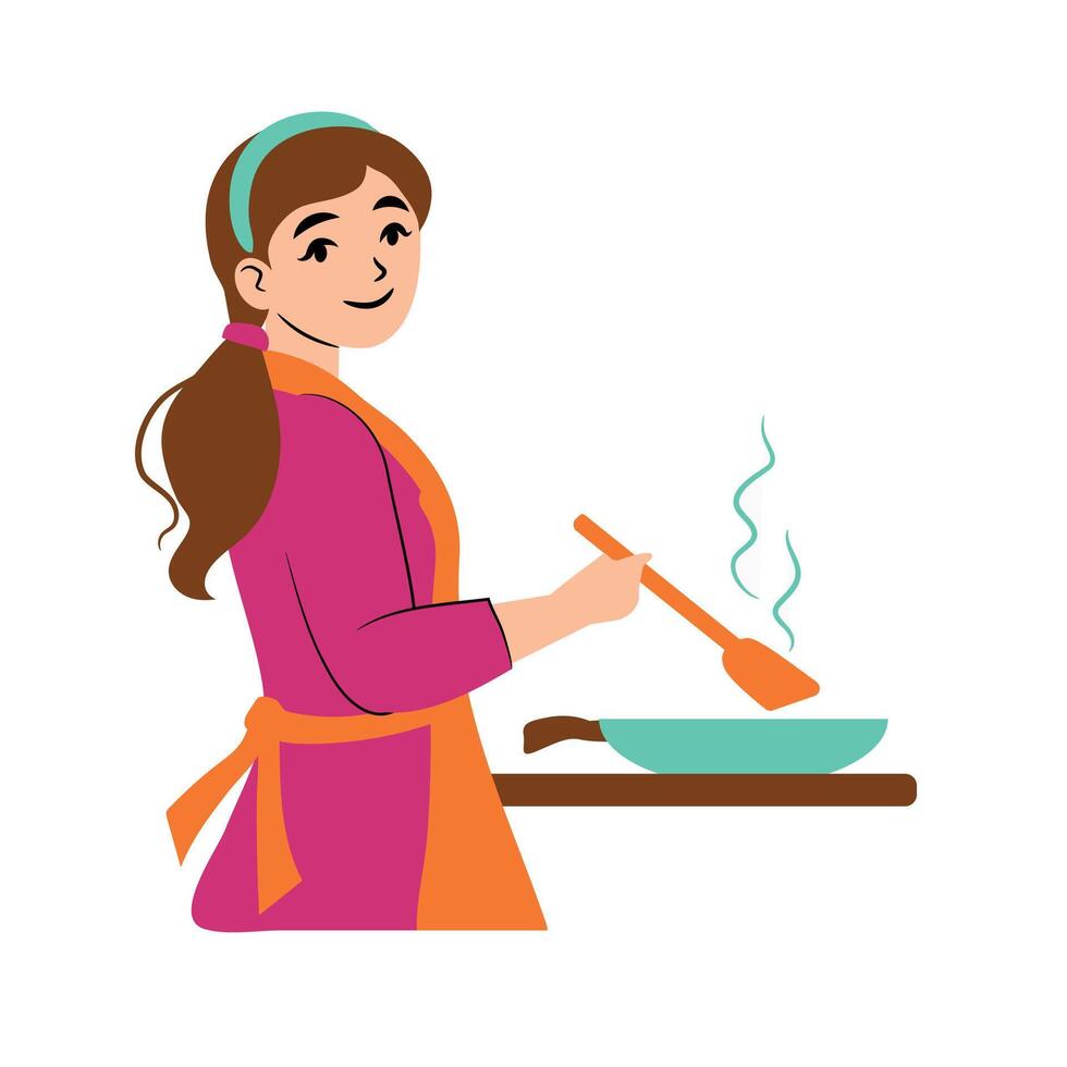 gelukkig meisje Koken in keuken met frituren pan vector