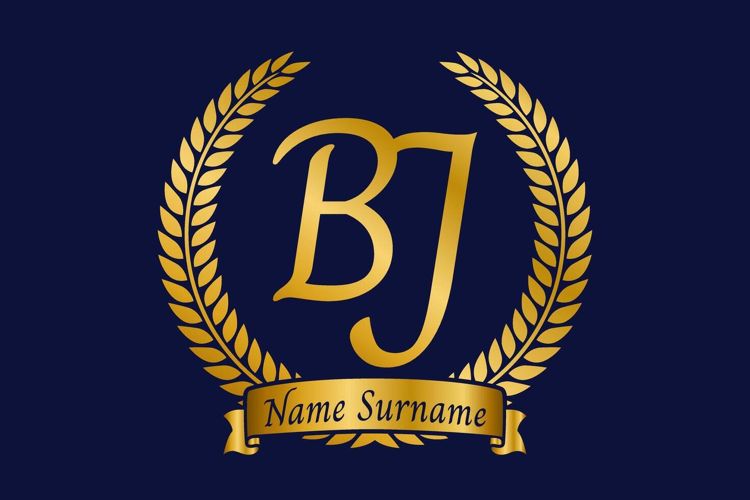 eerste brief b en j, bj monogram logo ontwerp met laurier lauwerkrans. luxe gouden schoonschrift lettertype. vector