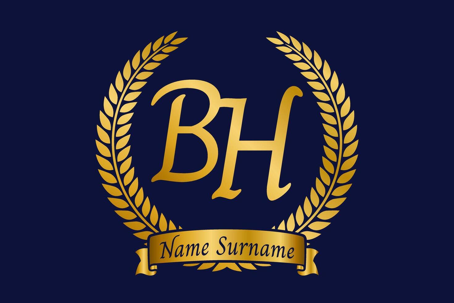 eerste brief b en h, bh monogram logo ontwerp met laurier lauwerkrans. luxe gouden schoonschrift lettertype. vector