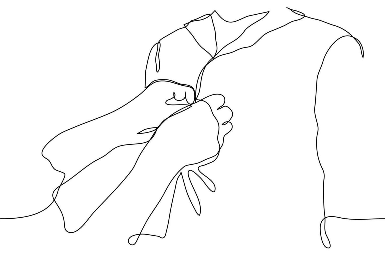 bevestiging toetsen Aan een overhemd naar iemand. een lijn tekening van een personen hand- knopen de toetsen Aan die van een ander shirt. helpen concept voor gehandicapt mensen, mensen met handicaps of kinderen vector