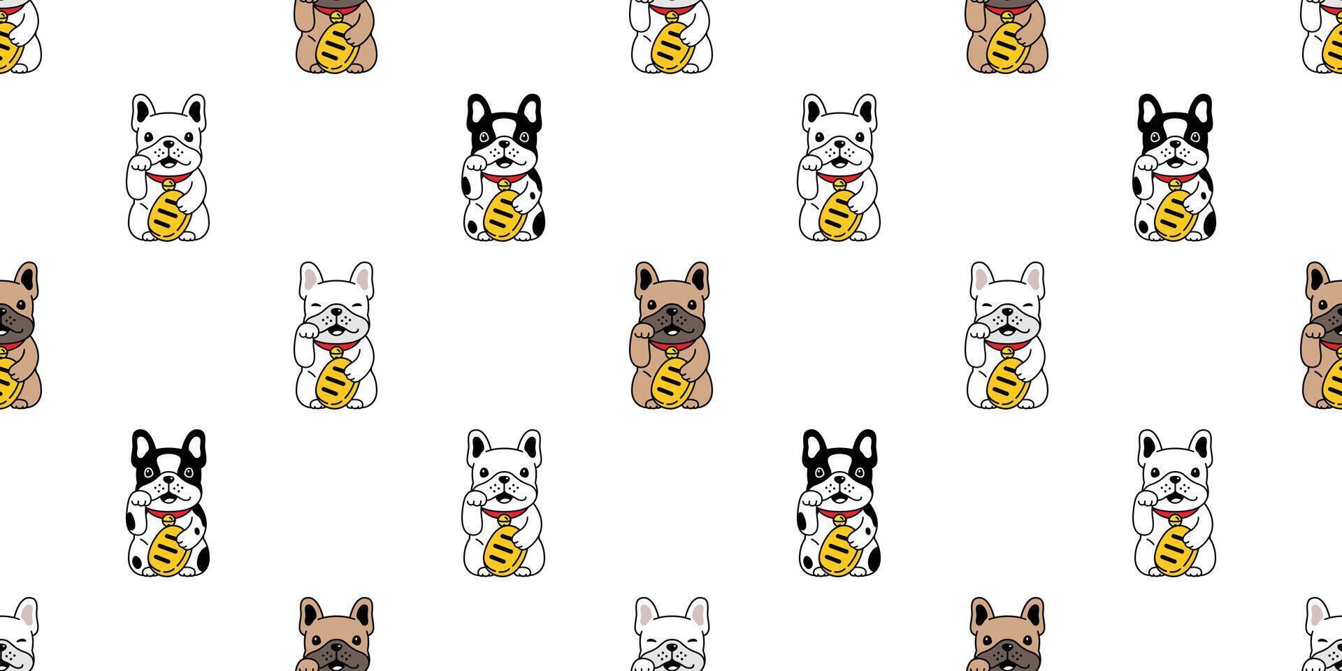 hond naadloos patroon Frans bulldog Lucky kat Japan maneki neko vector sjaal geïsoleerd herhaling behang tegel achtergrond tekenfilm huisdier puppy tekening illustratie ontwerp