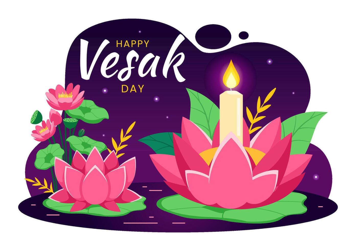 vesak dag viering vector illustratie met tempel silhouet, lotus bloem, lantaarn of Boeddha persoon in vakantie vlak tekenfilm achtergrond