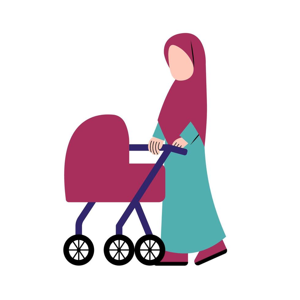 hijab moeder met baby wandelwagen vector