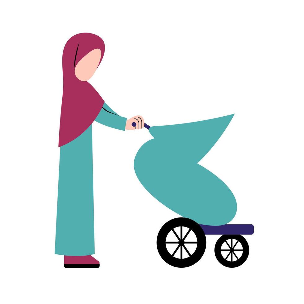 hijab moeder met baby wandelwagen vector
