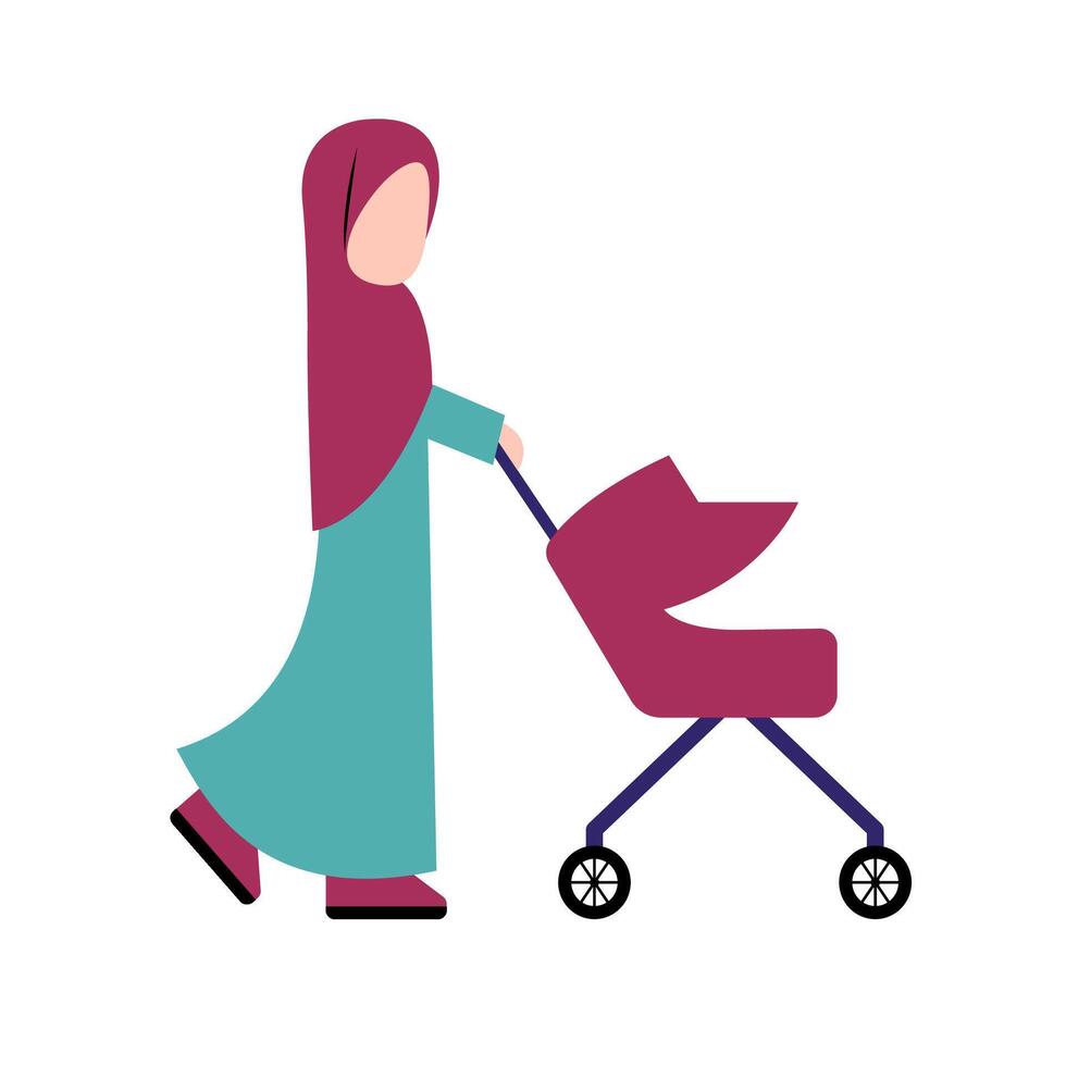 hijab moeder met baby wandelwagen vector