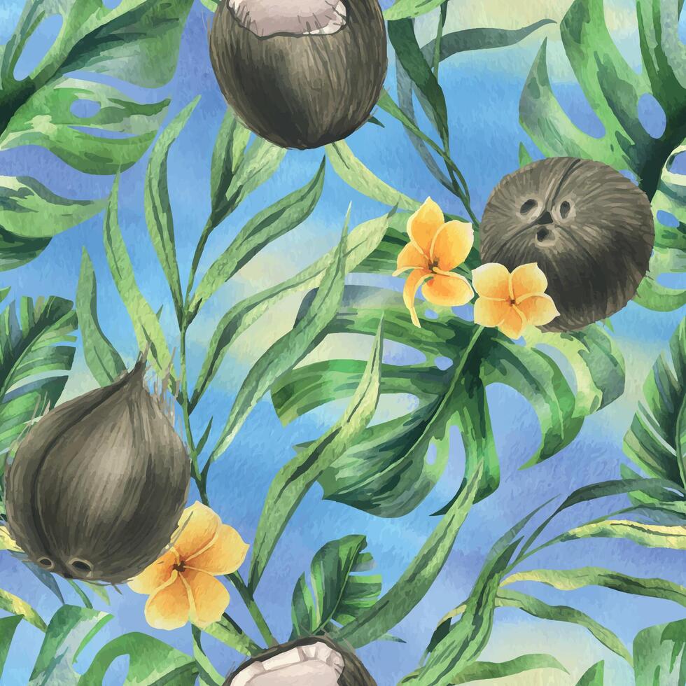 kokosnoten geheel, helften en stukken met helder, groente, tropisch palm bladeren en geel plumeria bloemen. hand- getrokken waterverf illustratie. naadloos patroon Aan een blauw lucht achtergrond. vector