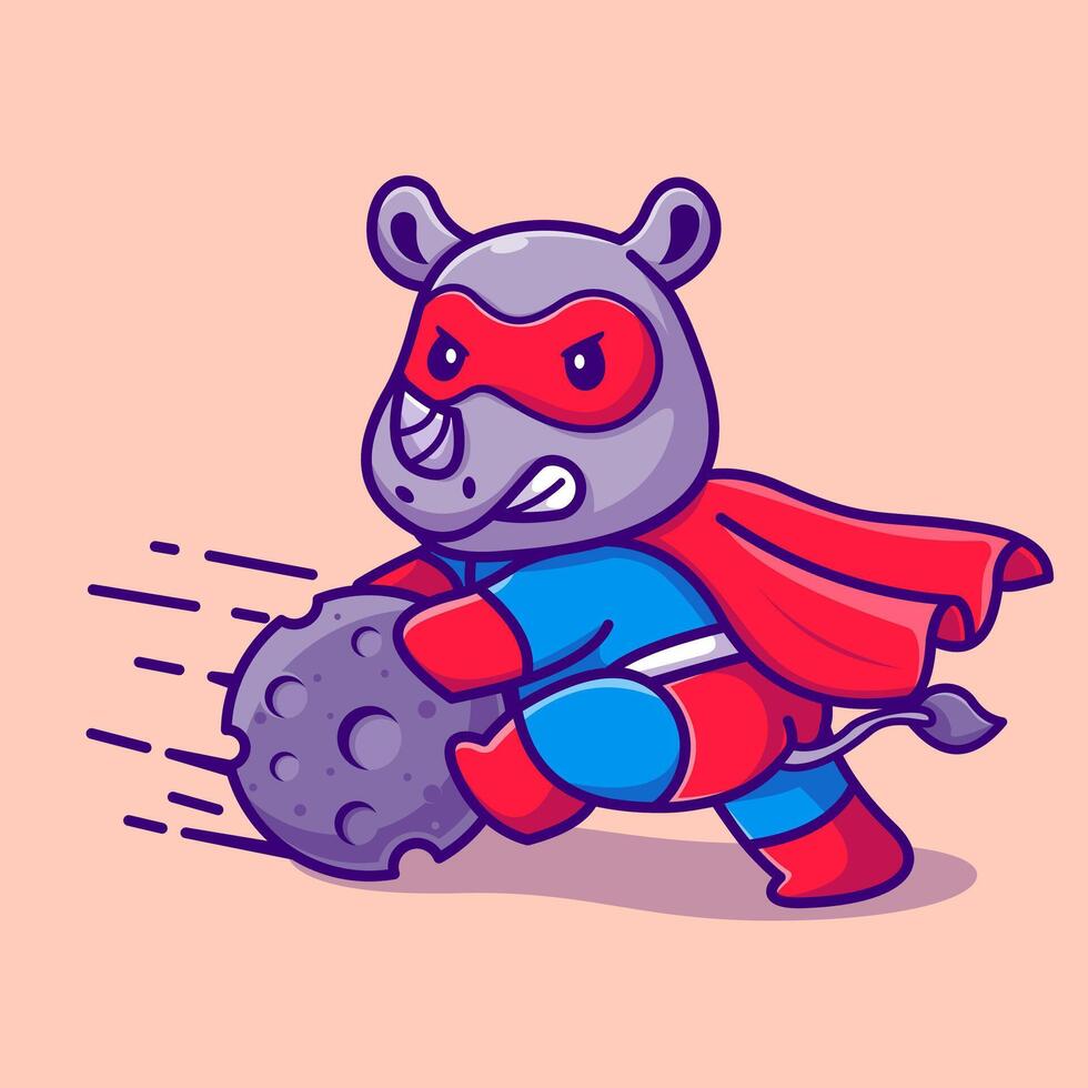 schattig neushoorn superheld stoppen meteoor tekenfilm vector icoon illustratie. dier held icoon concept geïsoleerd premie vector. vlak tekenfilm stijl