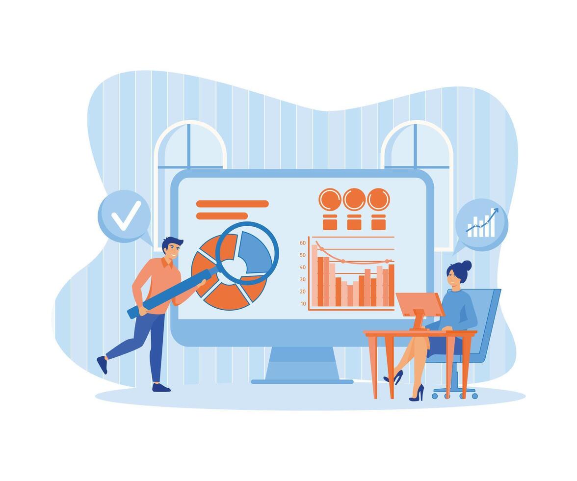 bedrijf financieel investering met team van bedrijf mensen werken Aan toezicht houden op diagram dashboard, slim bedrijf analyse. vlak vector modern illustratie