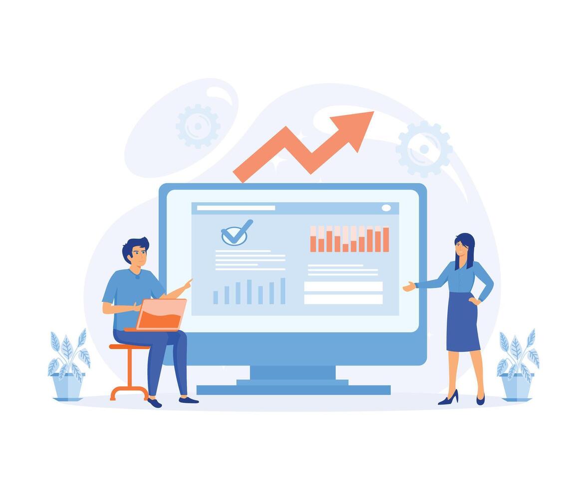 digitaal afzet en Promotie. Mens en vrouw tekens analyseren grafiek, grafieken en planning afzet strategie naar bereiken bedrijf doelen. vlak vector modern illustratie