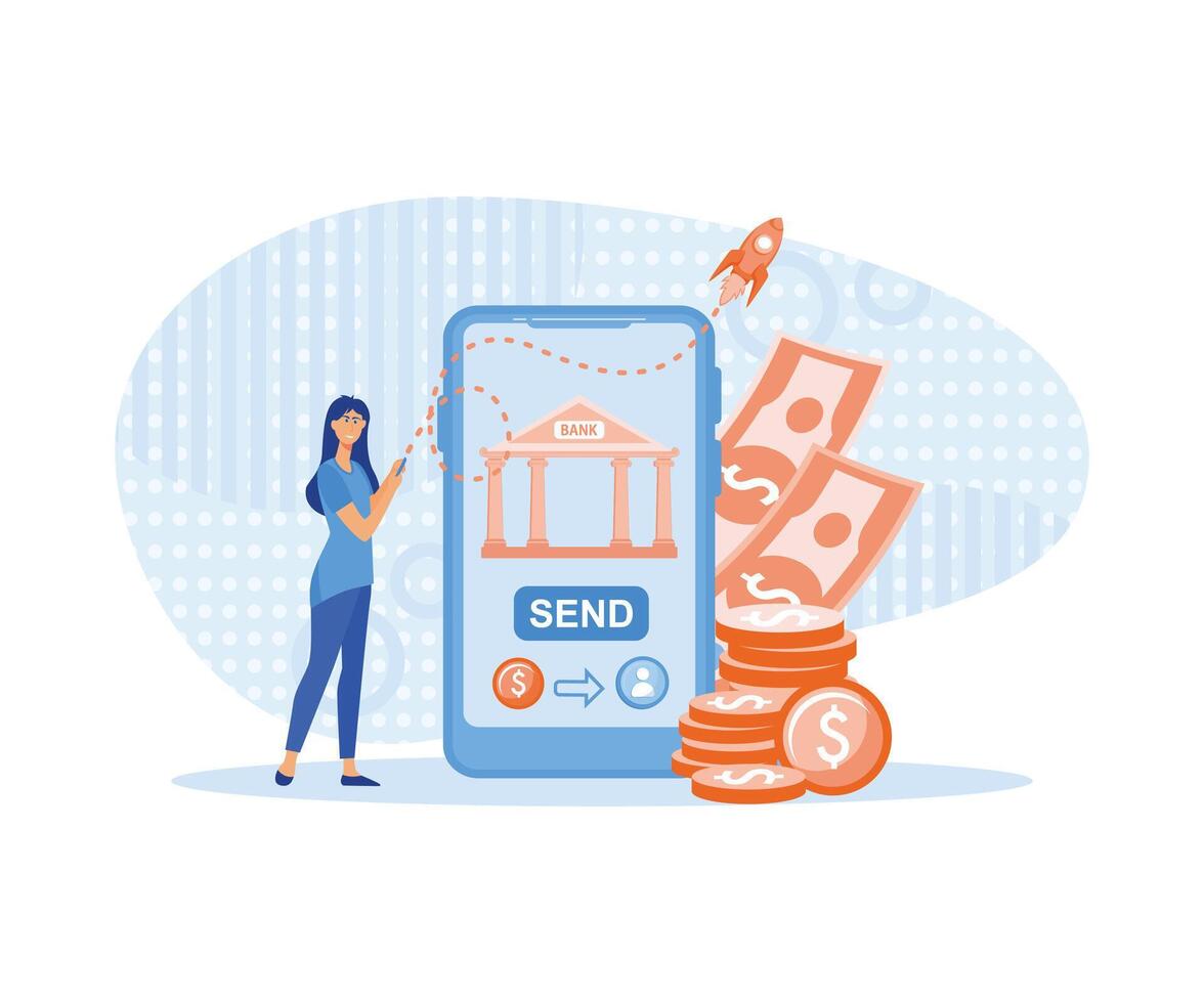 mobiel bank modern concept. vrouw pays voor aankopen of stuurt geld gebruik makend van slim telefoon app. vlak vector modern illustratie