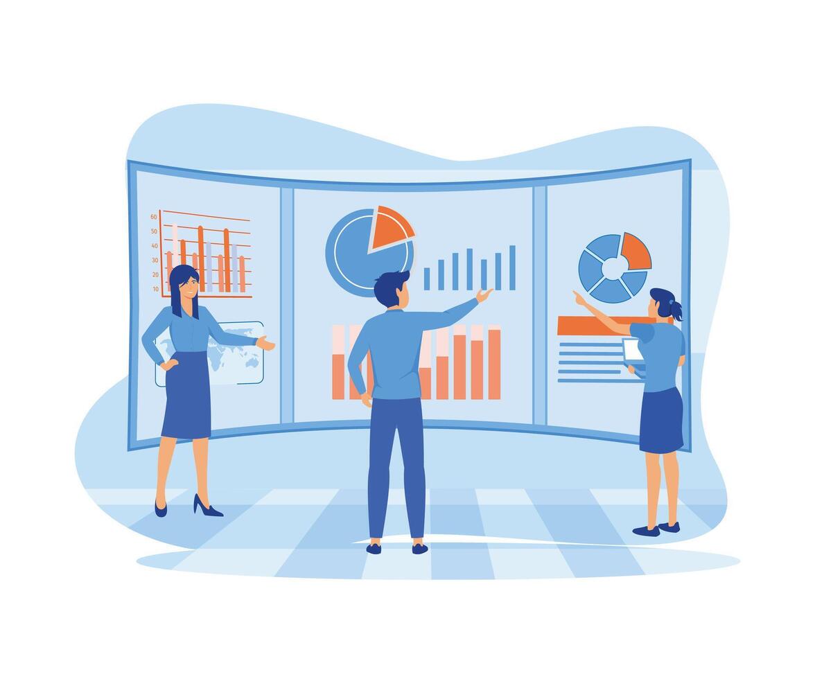 bedrijf analisten samenspel Aan holografische grafieken en statistisch diagrammen van verkoop beheer en operationeel rapporten, sleutel prestatie indicatoren. vlak vector modern illustratie