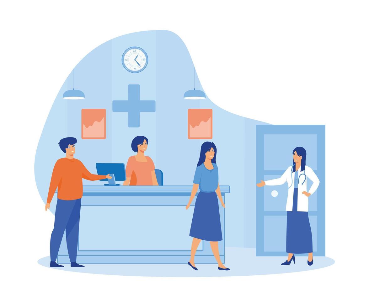 patiënten Bij een ziekenhuis ontvangst bureau registreren en betalen Bij de bureau of zittend aan het wachten voor de dokter in een gezondheidszorg. vlak vector modern illustratie