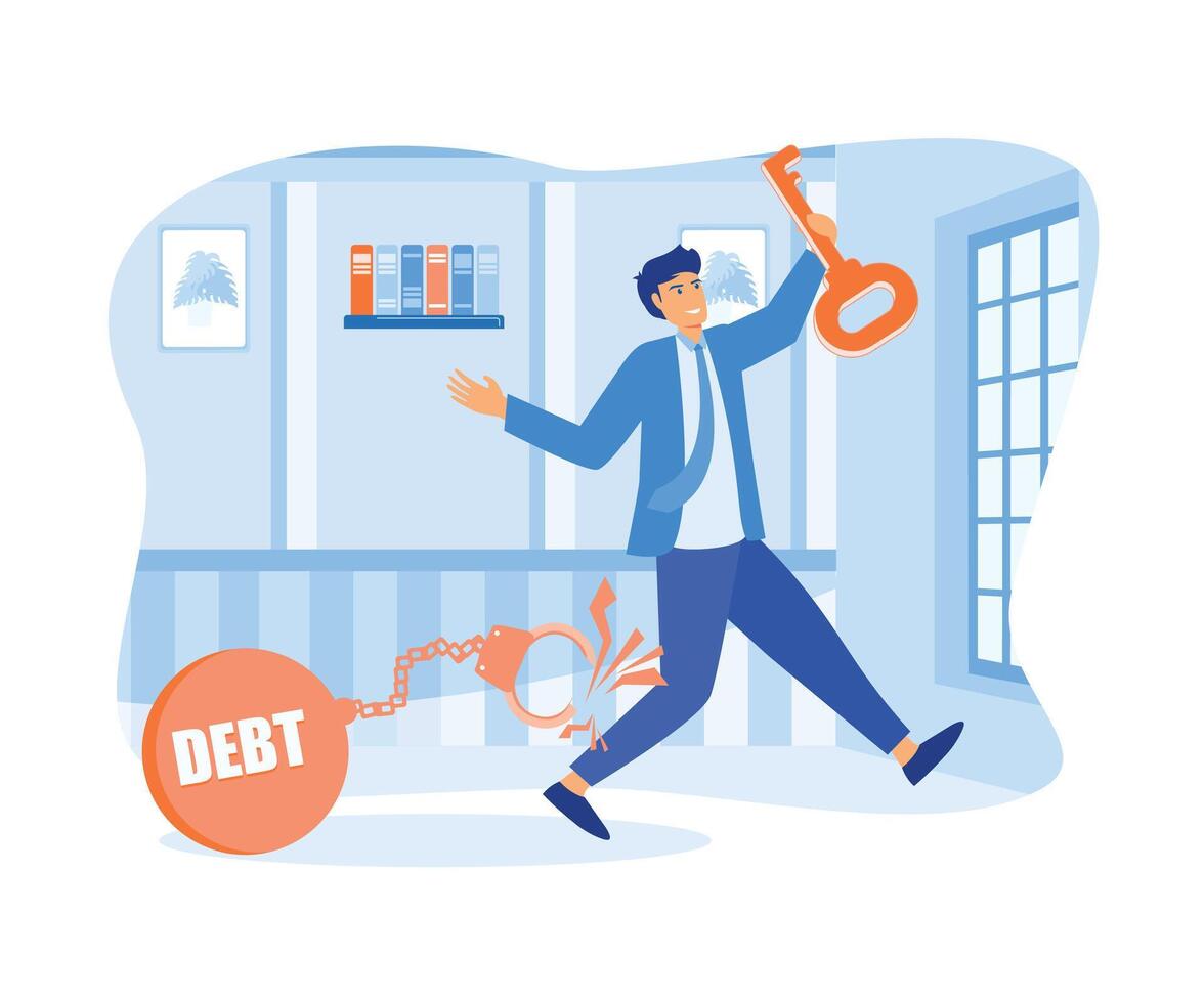 schuld vrij of vrijheid voor betalen uit schulden, lening of hypotheek, oplossing naar oplossen financieel probleem.vlak vector modern illustratie