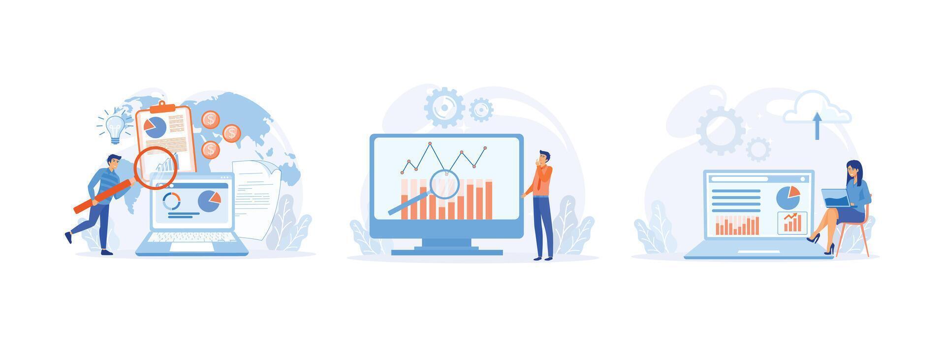 illustratie met divers items en symbolen, onderneming strategie ontwikkeling, het verkrijgen van analytisch informatie voor maken strategisch bedrijf beslissingen. vector