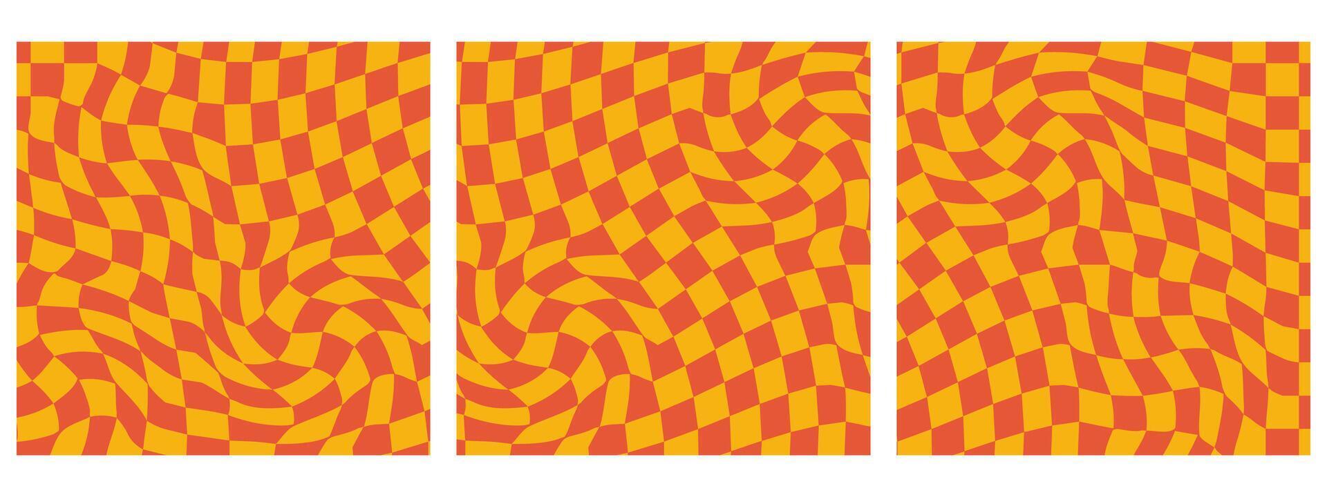 reeks van plein groovy schaakbord golven patronen. gedraaid en vervormd vector texturen brengen een modieus retro psychedelisch stijl. perfect voor y2k esthetisch in sinaasappels kleur paletten