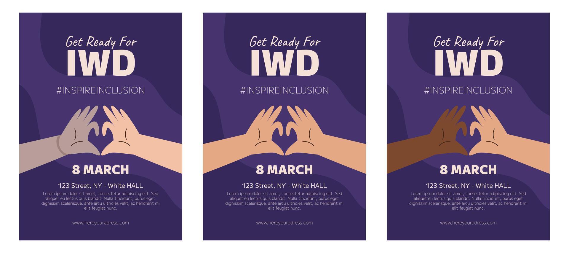 iwd inspireren inclusie campagne, Internationale vrouwen dag 2024 poster verzameling Kenmerken verscheidenheid van handen tonen de hart gebaar. vector hand- getrokken illustratie in vlak stijl.